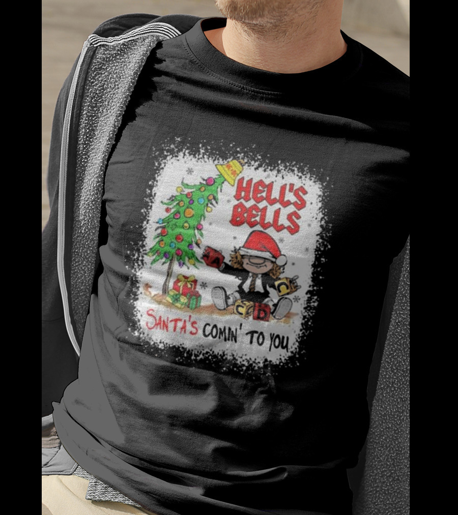 Hell’s Bells Santa’s Comin' To You Christmas Tree Presents ACDC Santa Hat T-Shirt