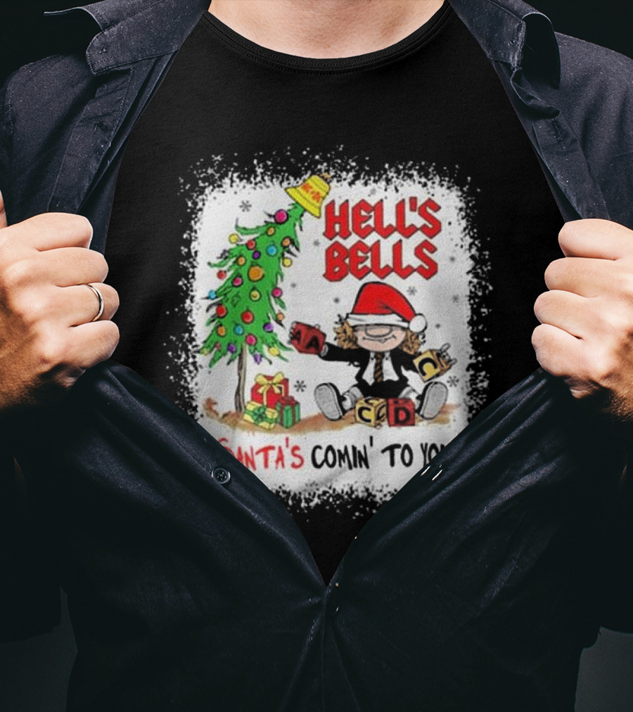 Hell’s Bells Santa’s Comin' To You Christmas Tree Presents ACDC Santa Hat T-Shirt