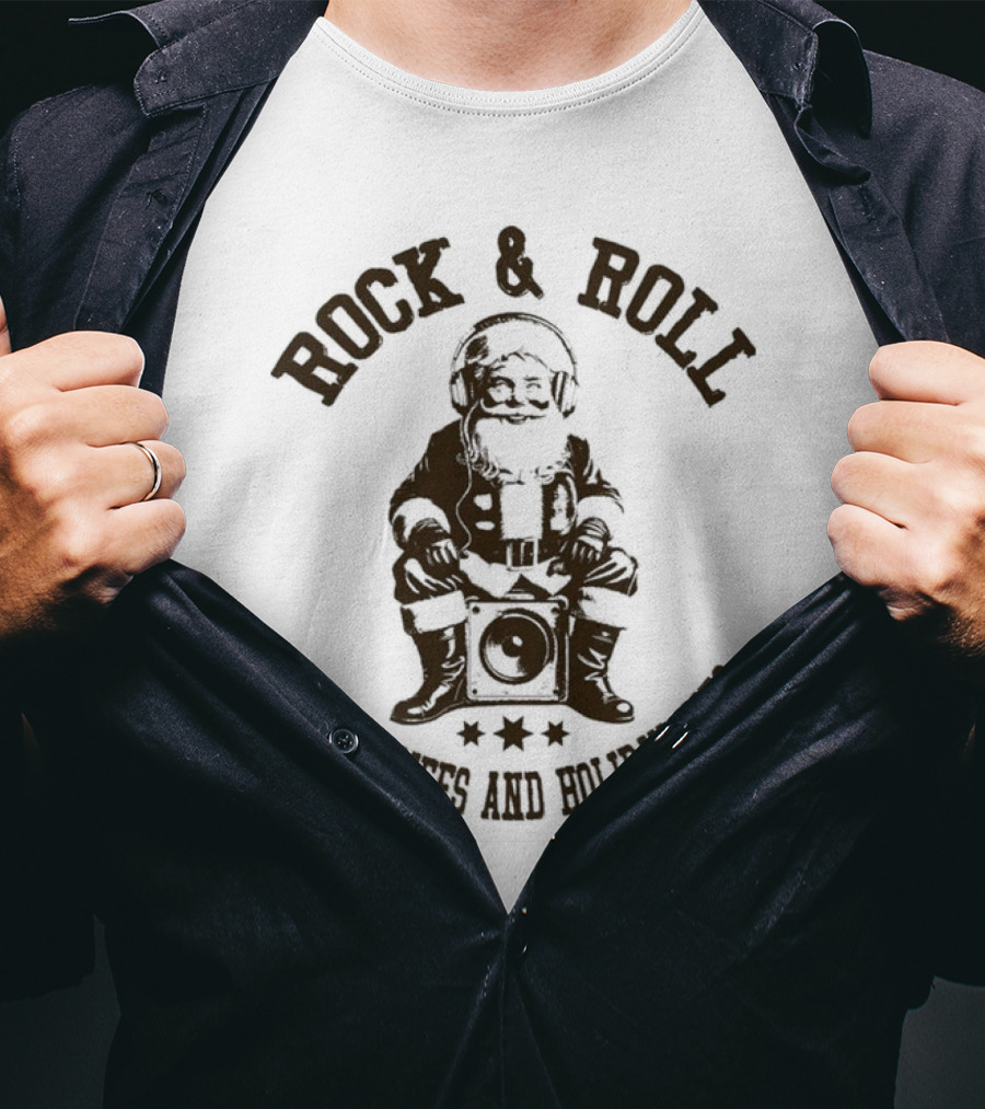 Rock And Roll Merry Riffs And Holiday Hits Santa Listening To Music T-Shirt