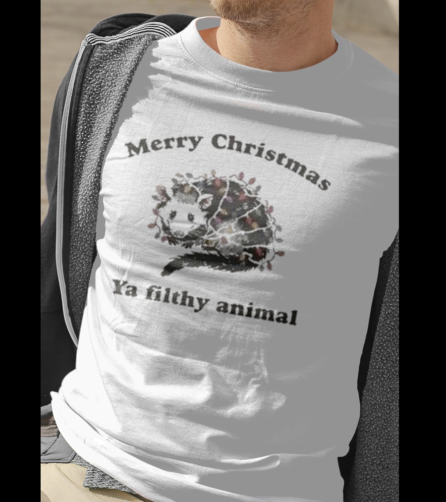 Merry Christmas Ya Filthy Animal Opossum With Christmas Lights T-Shirt