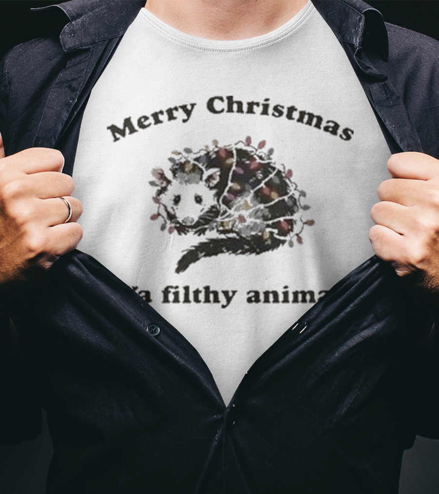 Merry Christmas Ya Filthy Animal Opossum With Christmas Lights T-Shirt