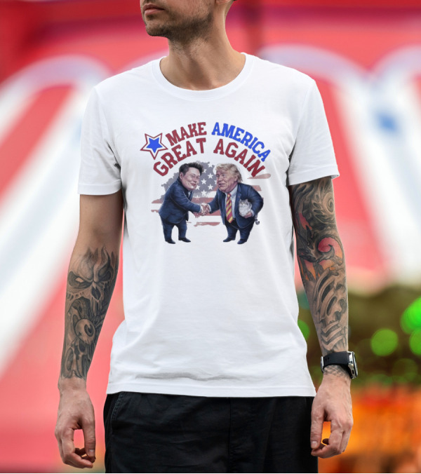Premium T-Shirt: Make America Great Again Donald Trump Elon Musk Shake Hands Caricature T-Shirt Make America Great Again Donald Trump Elon Musk Shake Hands Caricature T-Shirt