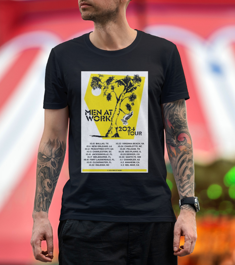 Men At Work 2024 U.S. Tour Dates and Locations Poster with Tree and Bird T-Shirt