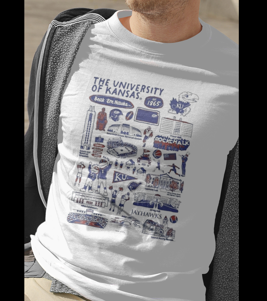 The University Of Kansas Est 1865 Beak 'Em Hawks Rock Chalk Jayhawks Allen Fieldhouse Memorial Stadium Jayhawk Blvd KU Icons And Sports T-Shirt