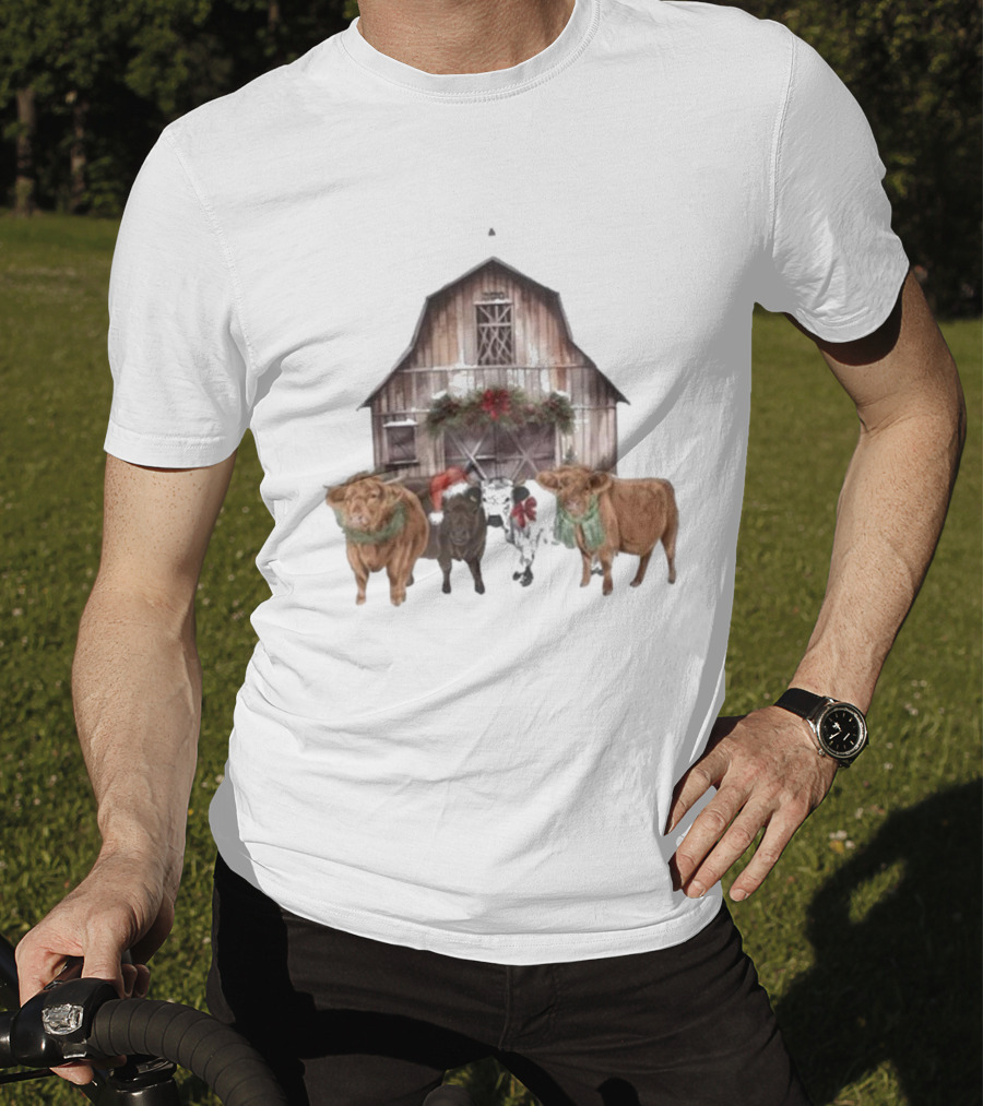 Katie Van Slyke Christmas Cows Barn Holiday Scene By Katie Van Slyke T-Shirt