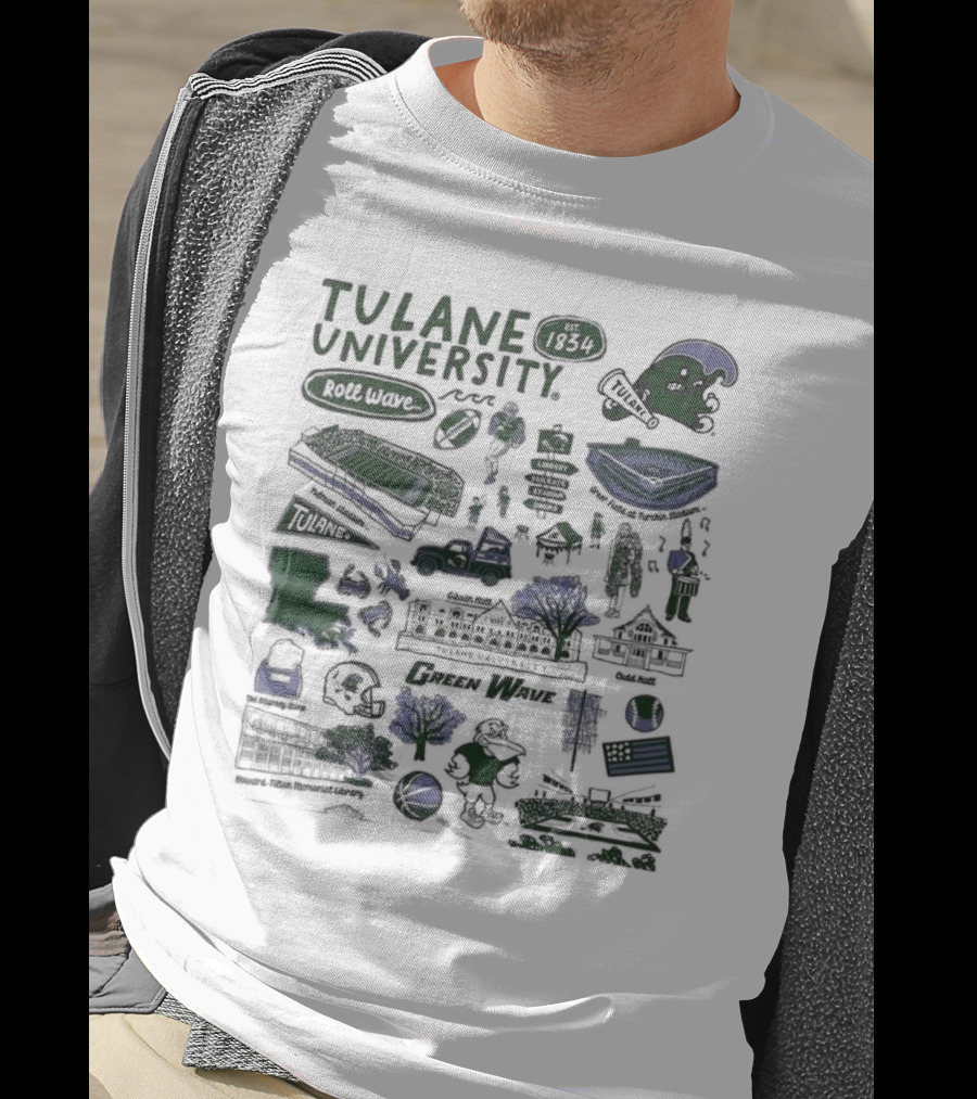 Tulane University Green Wave Roll Wave New Orleans Landmarks Est 1834 Tulane Stadium Riptide Mascot Iconography T-Shirt