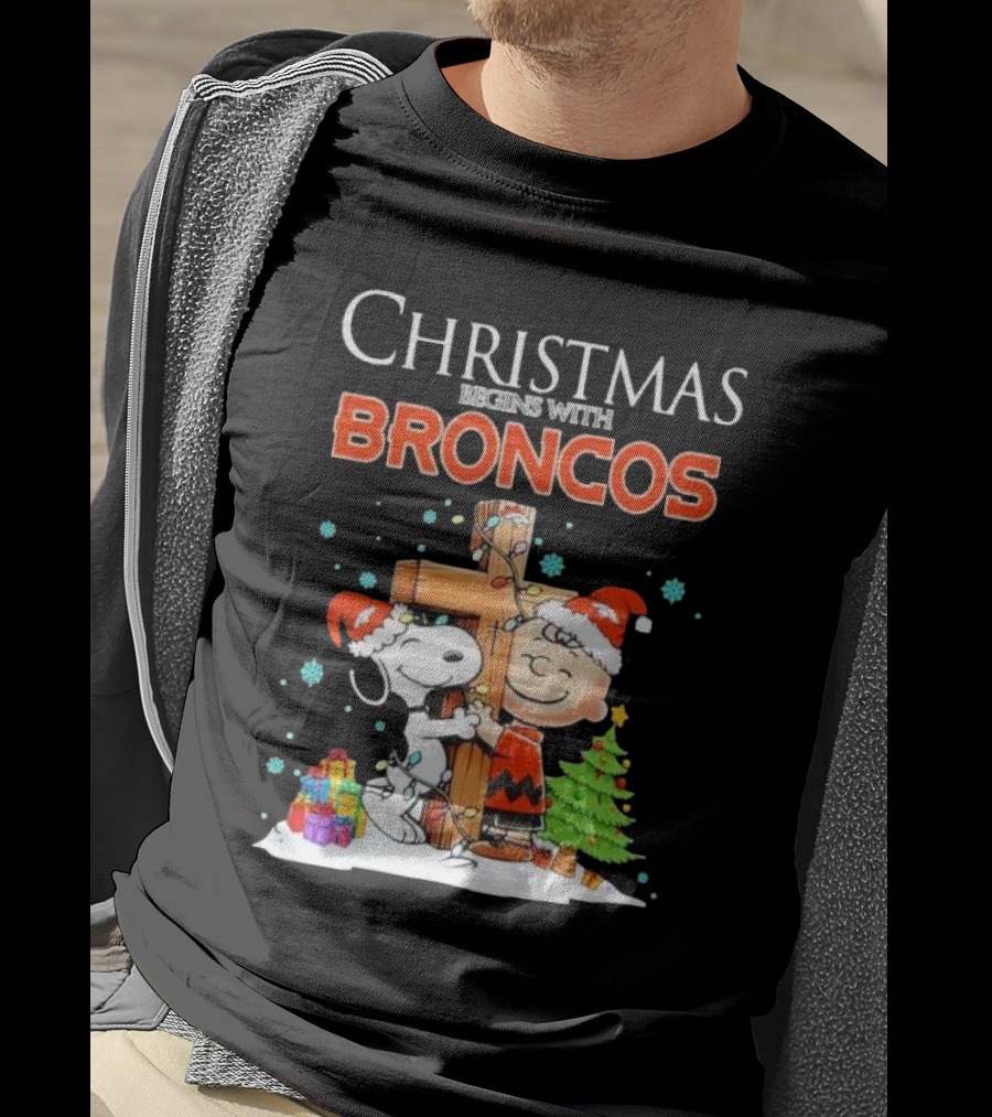 Christmas Begins With Broncos Charlie Brown Snoopy Hug Cross T-Shirt