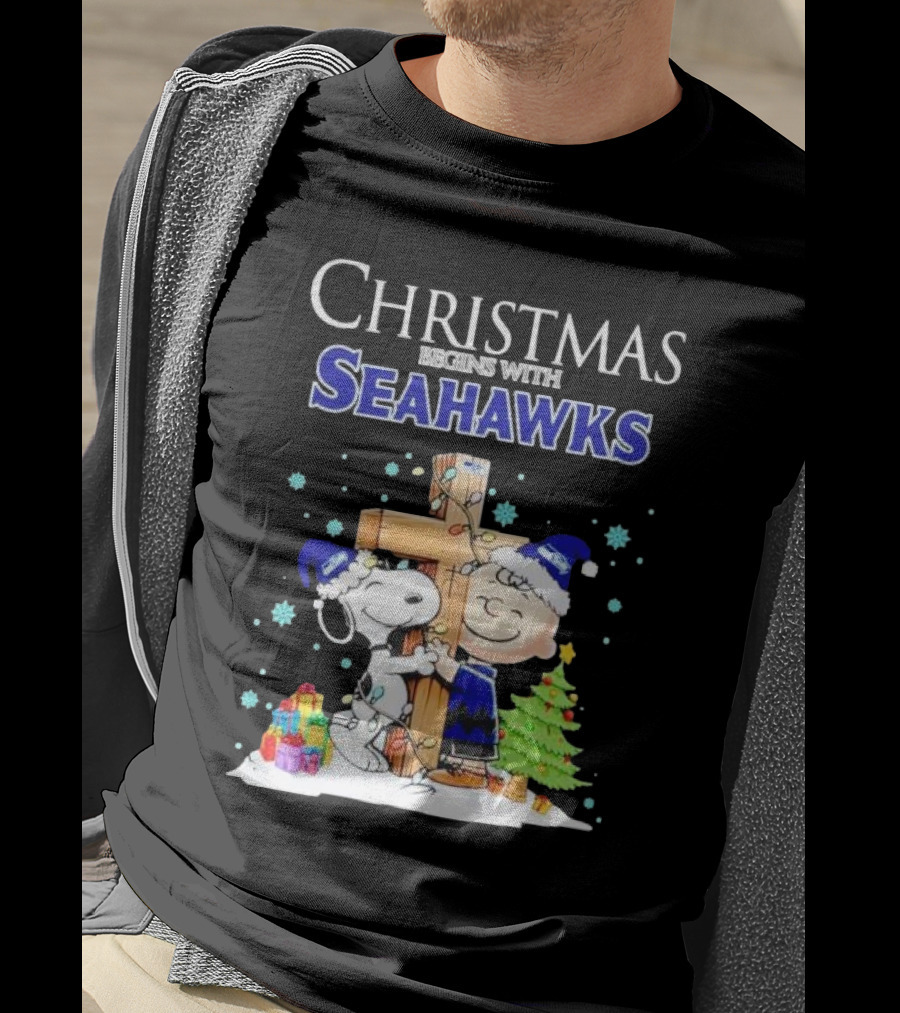 Christmas Begins With Seahawks Charlie Brown Snoopy Jesus Cross T-Shirt