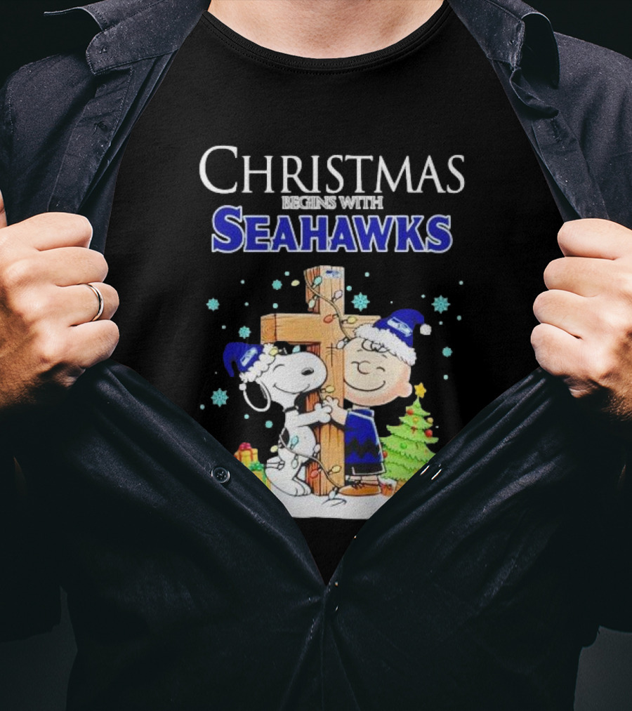 Christmas Begins With Seahawks Charlie Brown Snoopy Jesus Cross T-Shirt