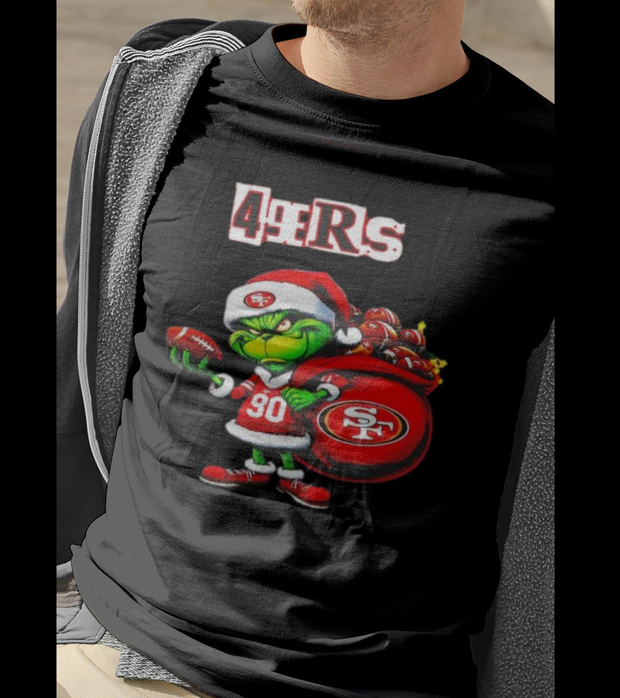 San Francisco 49ers Grinch With Santa Hat And Football Sack Christmas T-Shirt