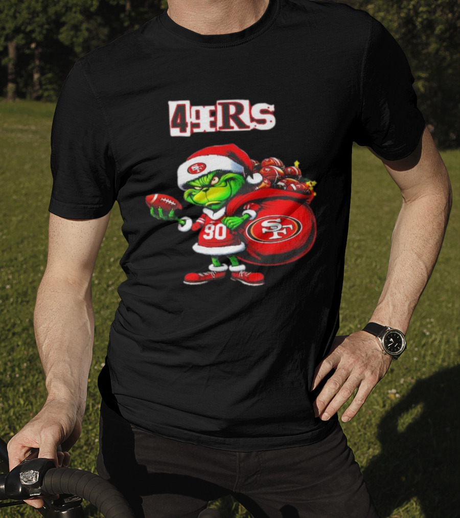 San Francisco 49ers Grinch With Santa Hat And Football Sack Christmas T-Shirt