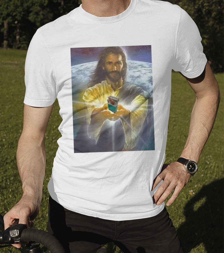 Jesus Offering Marlboro Cigarettes On Cosmic Background T-Shirt