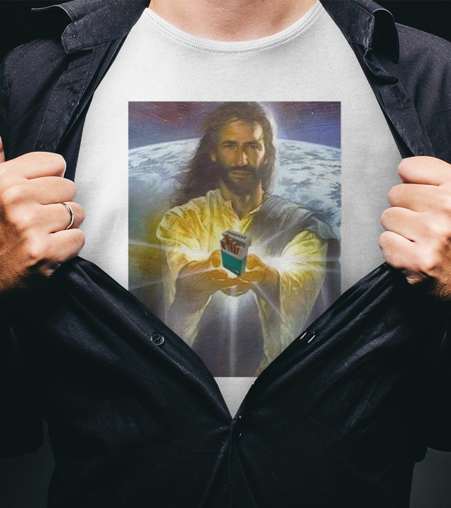 Jesus Offering Marlboro Cigarettes On Cosmic Background T-Shirt