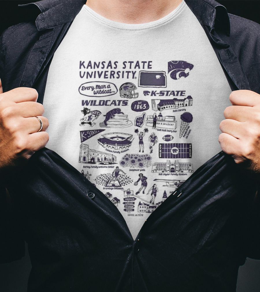 Kansas State University Wildcats Vive La Fete K-State Impressions 1863 Memorial Stadium Anderson Hall Basketball Football Manhattan Campus T-Shirt