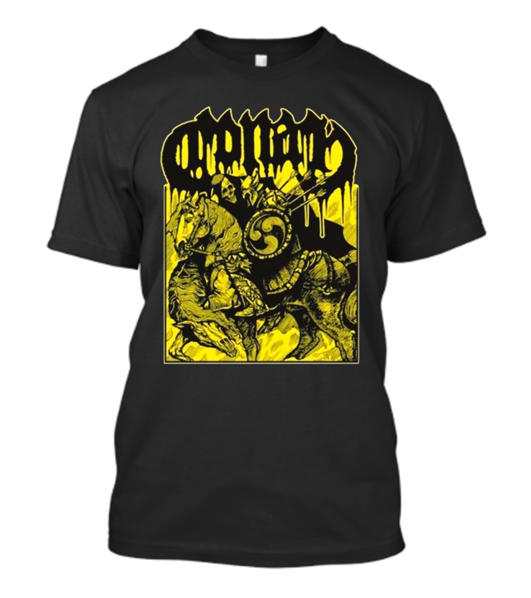 Conan Horseback Warrior With Shield And Hammer On Black And Yellow T-Shirt