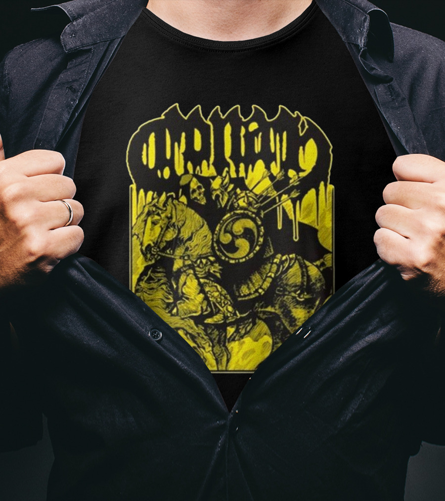 Conan Horseback Warrior With Shield And Hammer On Black And Yellow T-Shirt