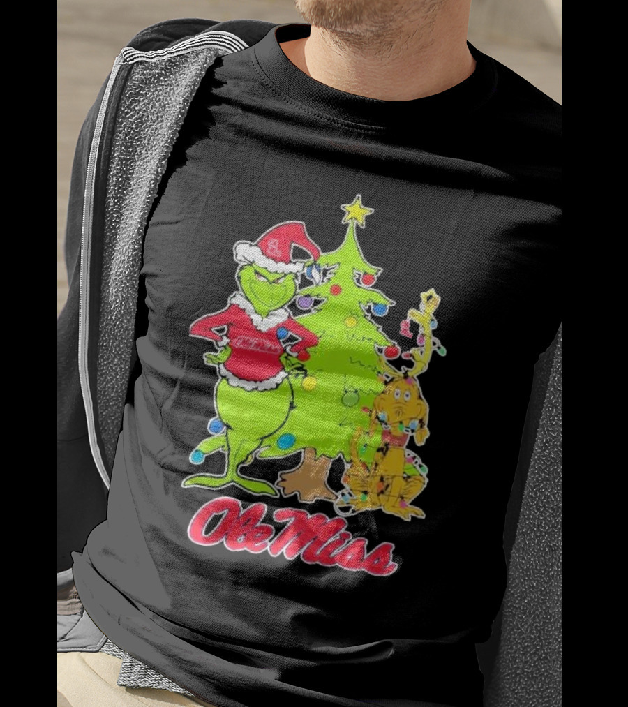 Ole Miss Rebels Grinch And Max Dog Christmas Tree T-Shirt