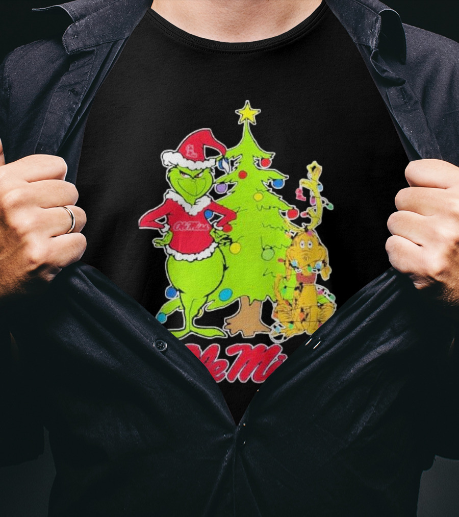 Ole Miss Rebels Grinch And Max Dog Christmas Tree T-Shirt