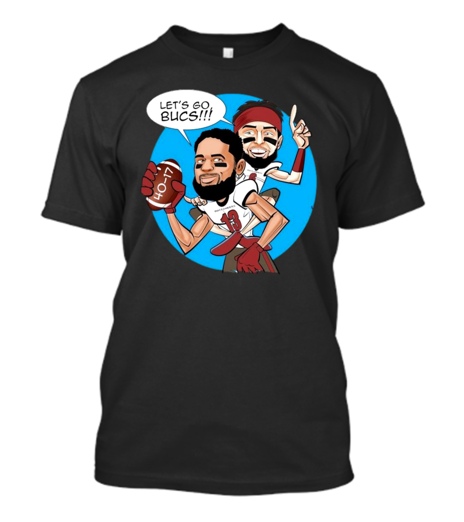 Tampa Bay Buccaneers Mike Evans Baker Mayfield Let's Go Bucs 40-17 Cartoon T-Shirt