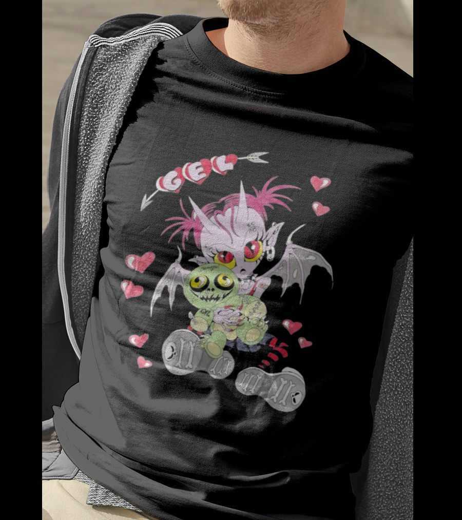 Gelhardcore Turbo Bat Creature Holding Plush Surrounded By Hearts T-Shirt