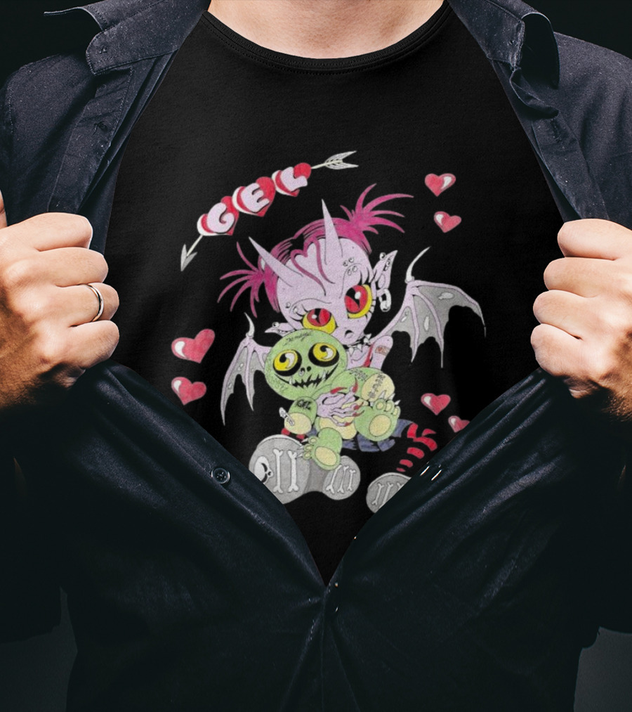 Gelhardcore Turbo Bat Creature Holding Plush Surrounded By Hearts T-Shirt