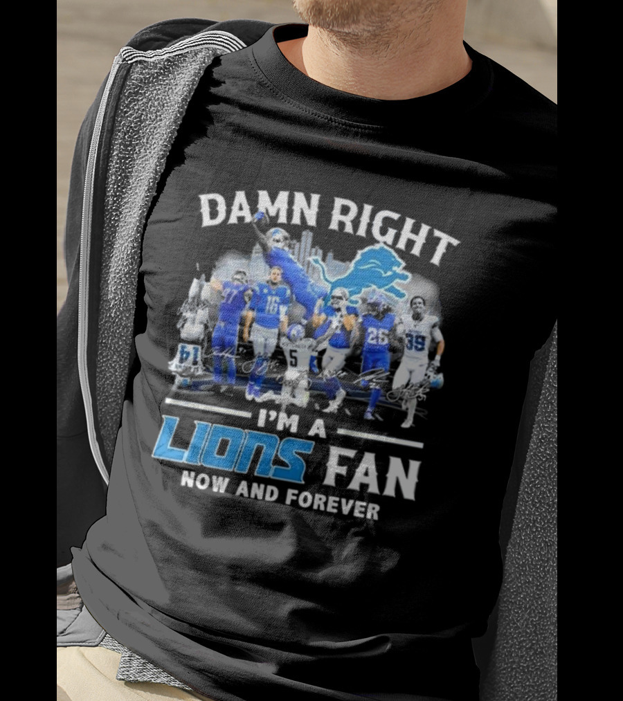 Damn Right I'm A Detroit Lions Fan Now And Forever Signatures Skyline T-Shirt