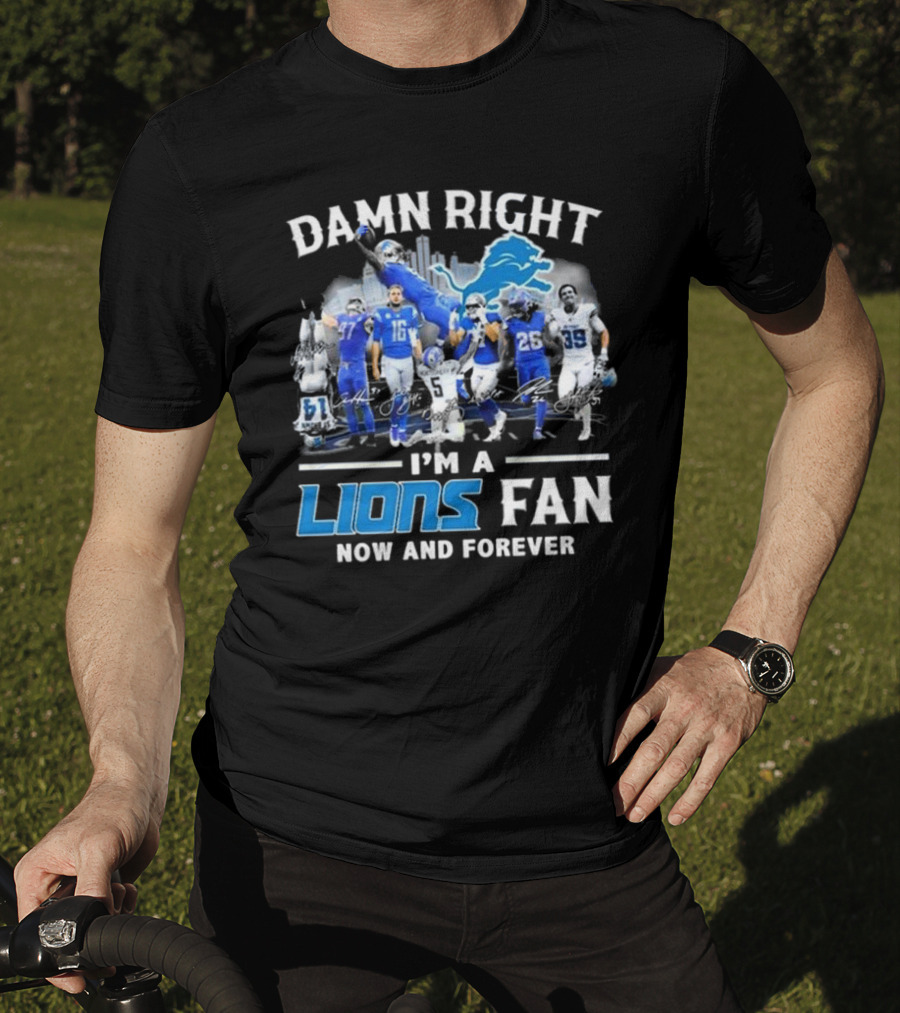 Damn Right I'm A Detroit Lions Fan Now And Forever Signatures Skyline T-Shirt