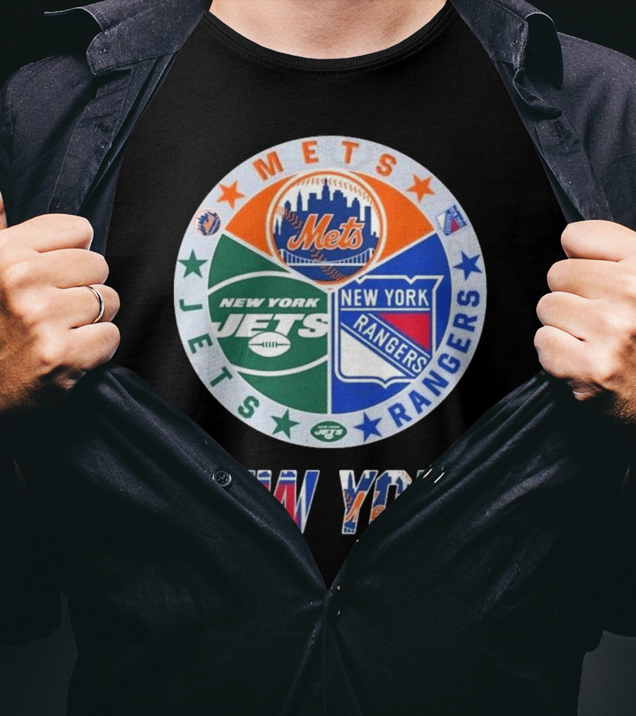 New York Mets Rangers Jets Circle Logo Skyline Baseball Football Hockey Teams T-Shirt