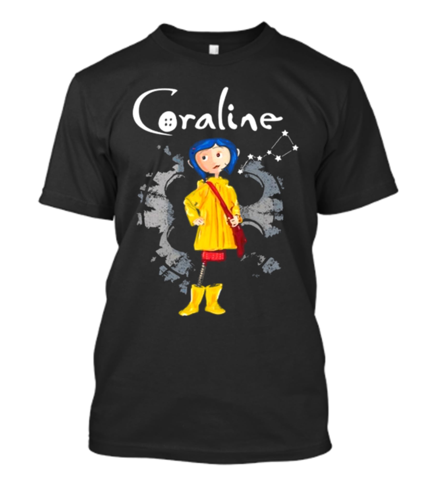 Coraline Character In Yellow Coat With Button Eyes And Star Constellation Background T-Shirt