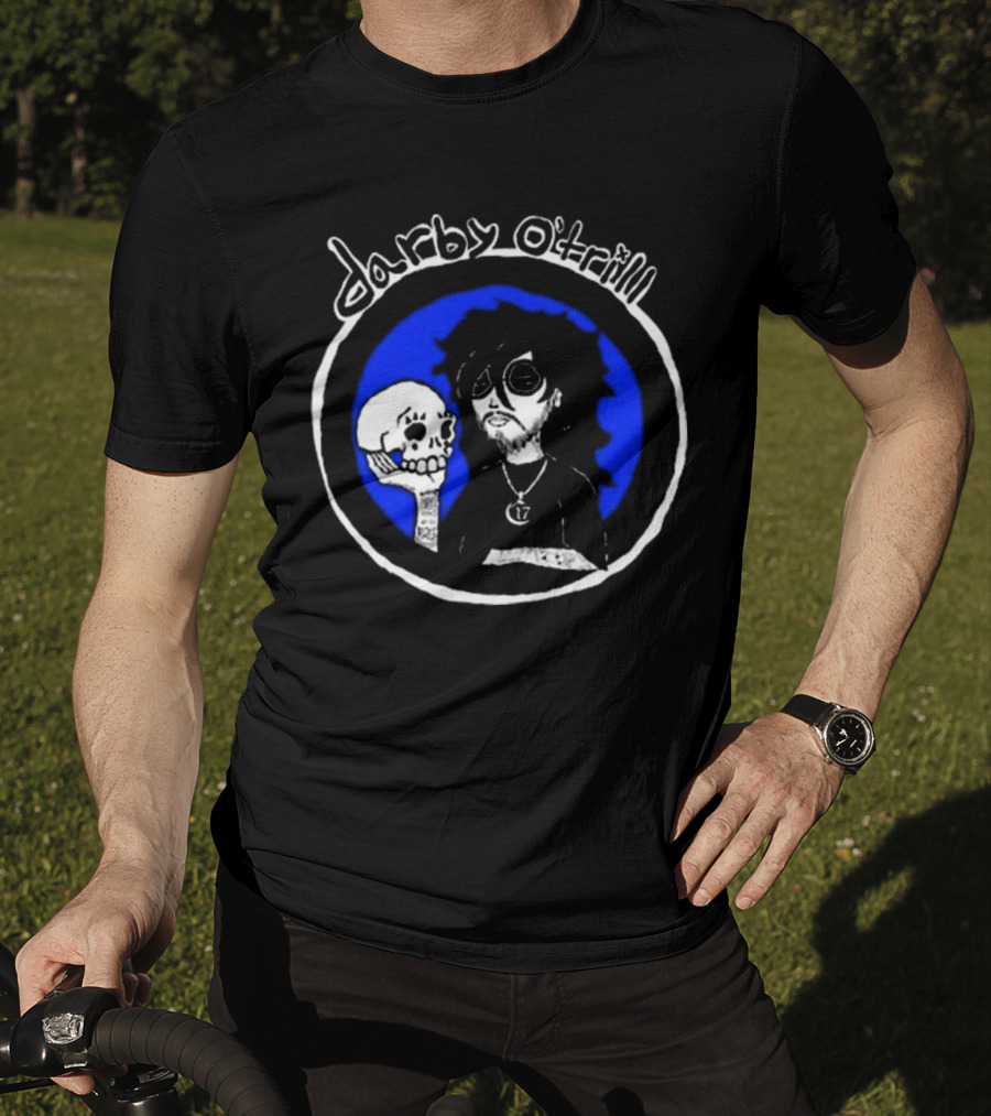 Darby O’trill Skull And Sunglasses Character With Blue Background T-Shirt
