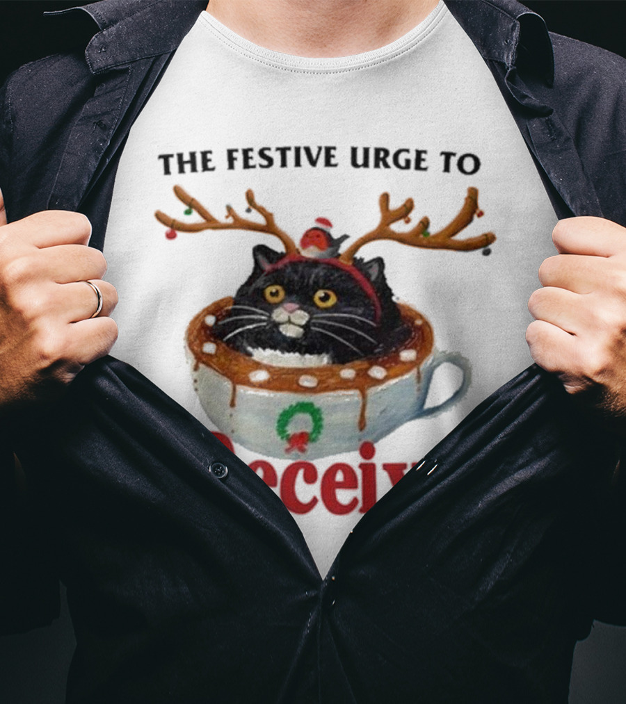 The Festive Urge To Receive Cat With Antlers In Christmas Cup T-Shirt