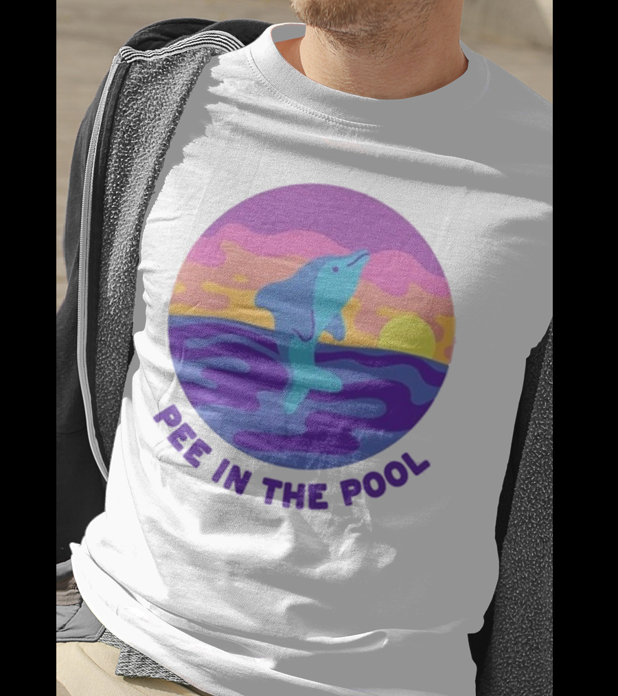 Pee In The Pool Dolphin Retro Sunset Ocean Scene T-Shirt