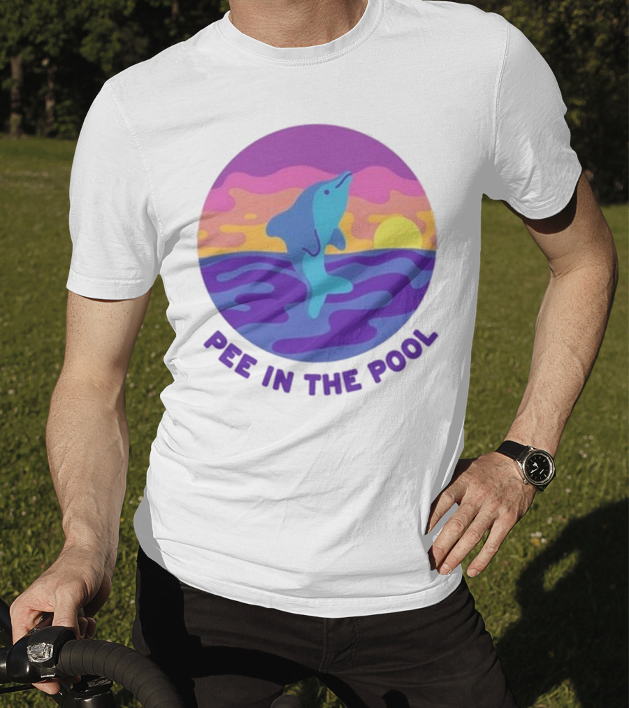 Pee In The Pool Dolphin Retro Sunset Ocean Scene T-Shirt
