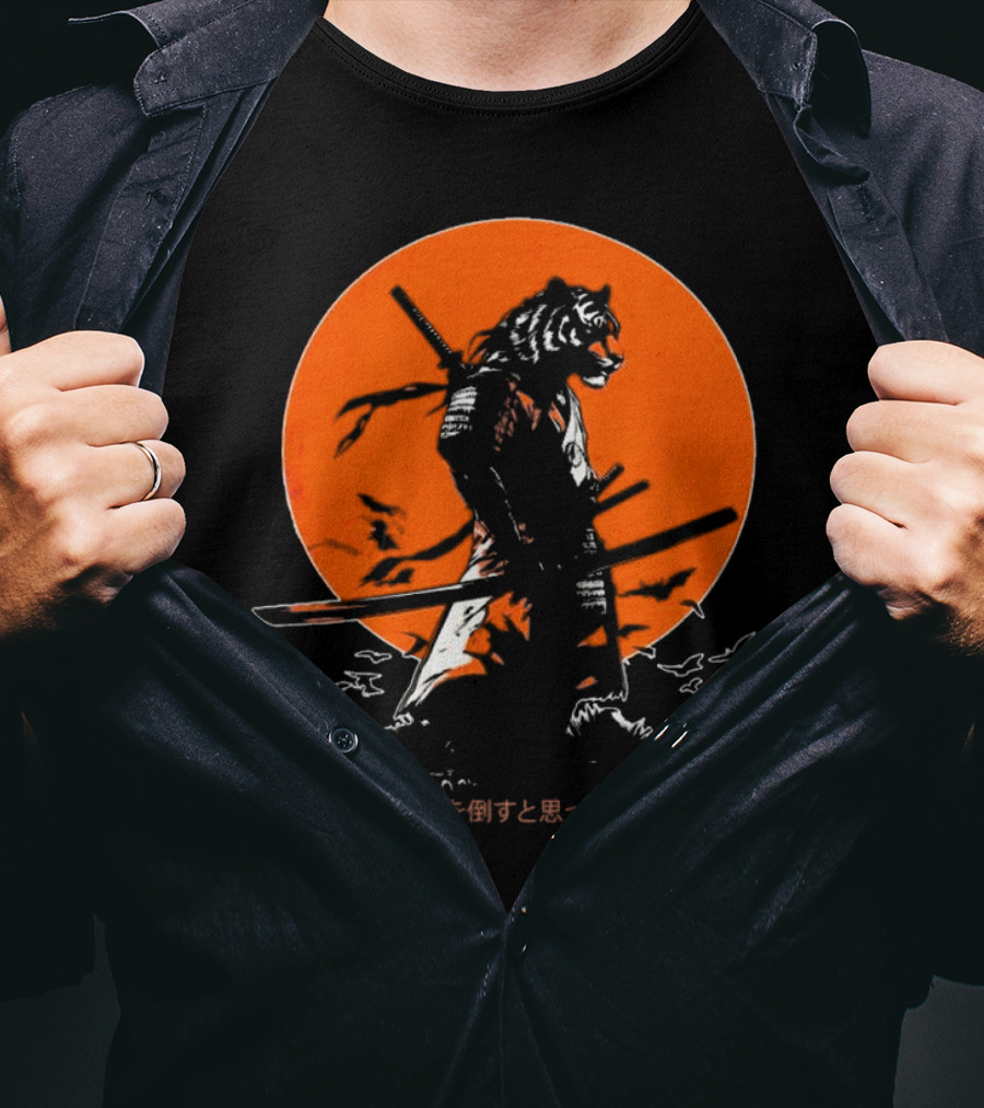 Katana Tiger Samurai With Japanese Text Orange Background T-Shirt