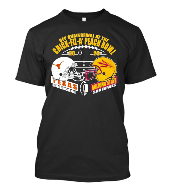 Texas Longhorns Vs Arizona State Sun Devils CFP Quarterfinal Chick-fil-A Peach Bowl 2025 Helmet Matchup T-Shirt