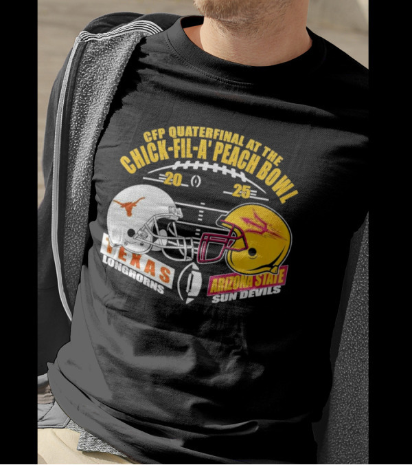 Texas Longhorns Vs Arizona State Sun Devils CFP Quarterfinal Chick-fil-A Peach Bowl 2025 Helmet Matchup T-Shirt