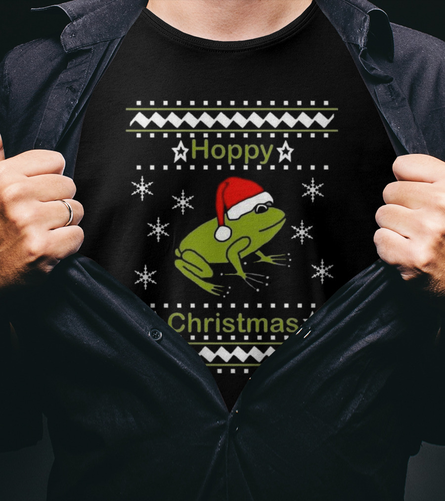 Hoppy Christmas Frog Wearing Santa Hat Surrounded By Snowflakes T-Shirt