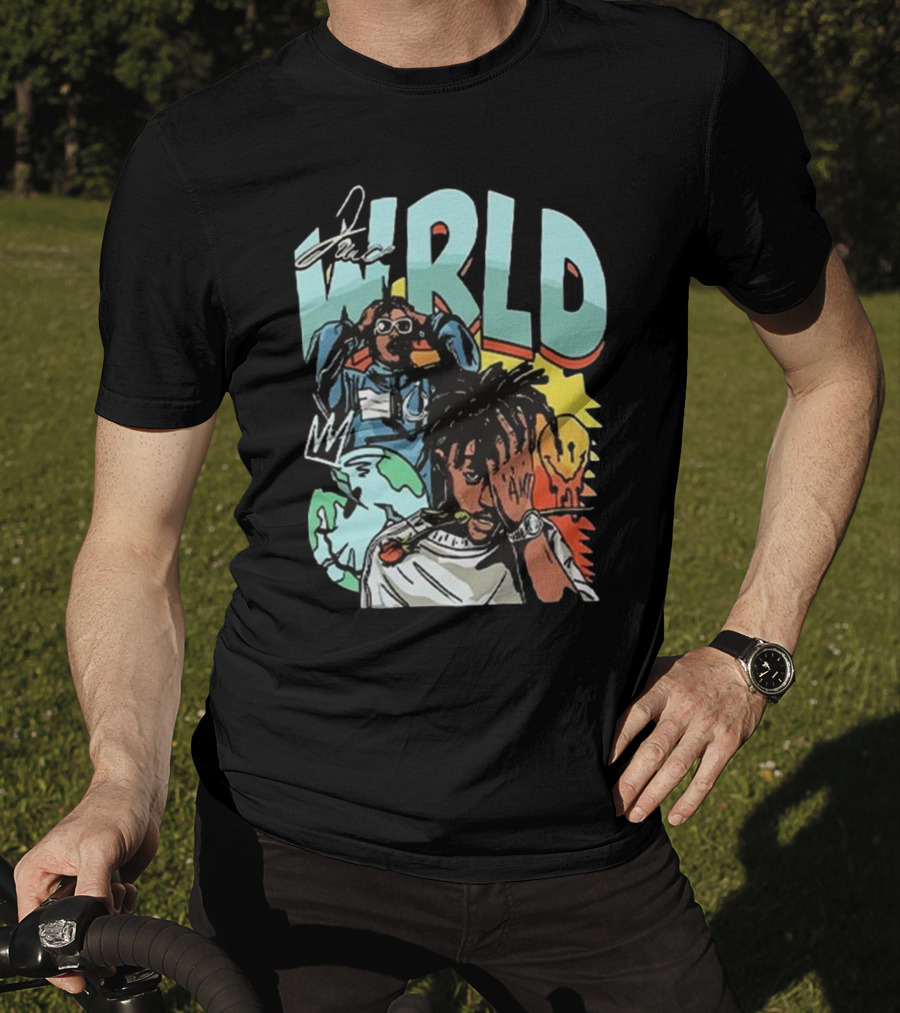 Juice WRLD Rapper Signature And Cartoon Globe With Crown T-Shirt