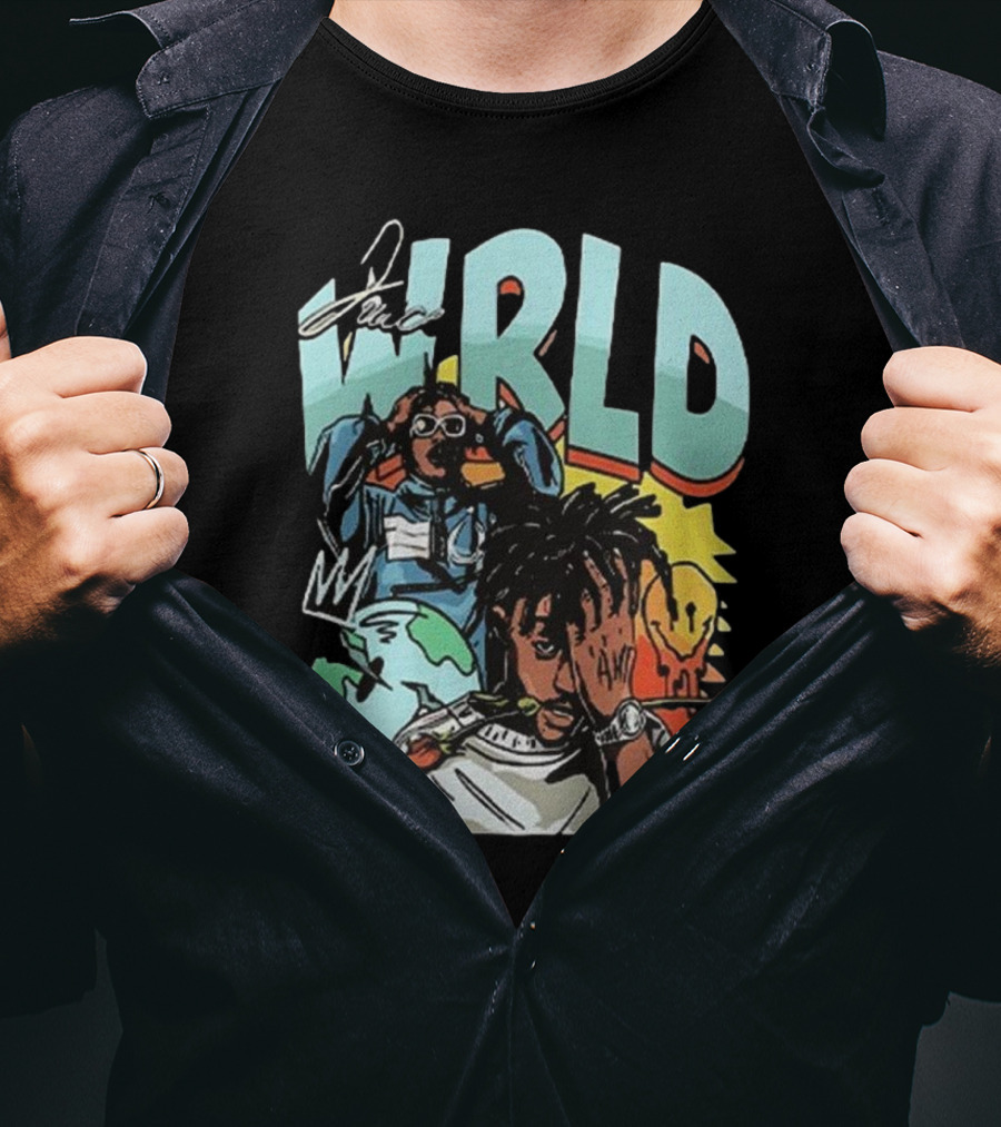 Juice WRLD Rapper Signature And Cartoon Globe With Crown T-Shirt