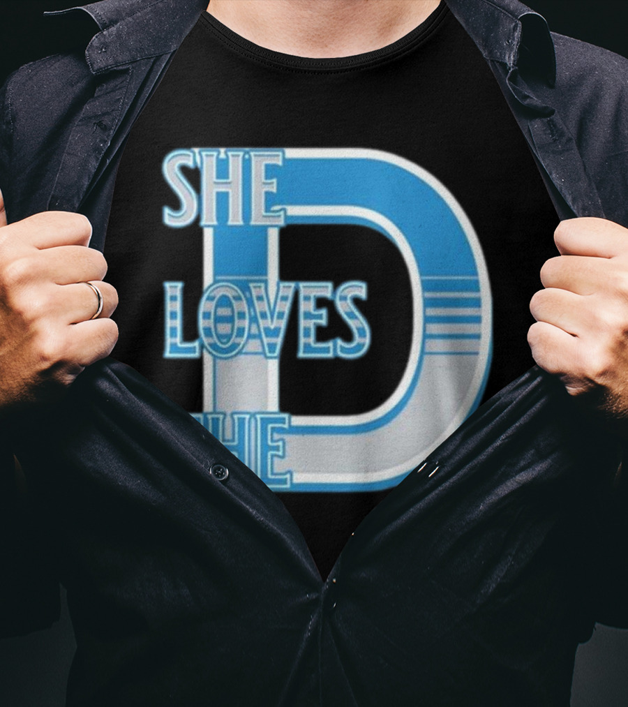 She Loves The D Detroit Blue Striped Lettering T-Shirt