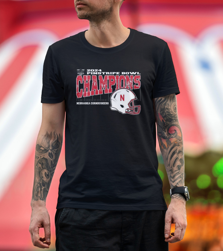 Nebraska Cornhuskers 2024 Pinstripe Bowl Champions Helmet T-Shirt