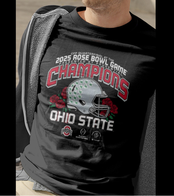 CFP Quarterfinal 2025 Rose Bowl Game Prudential Champions Ohio State Buckeyes Helmet Roses T-Shirt