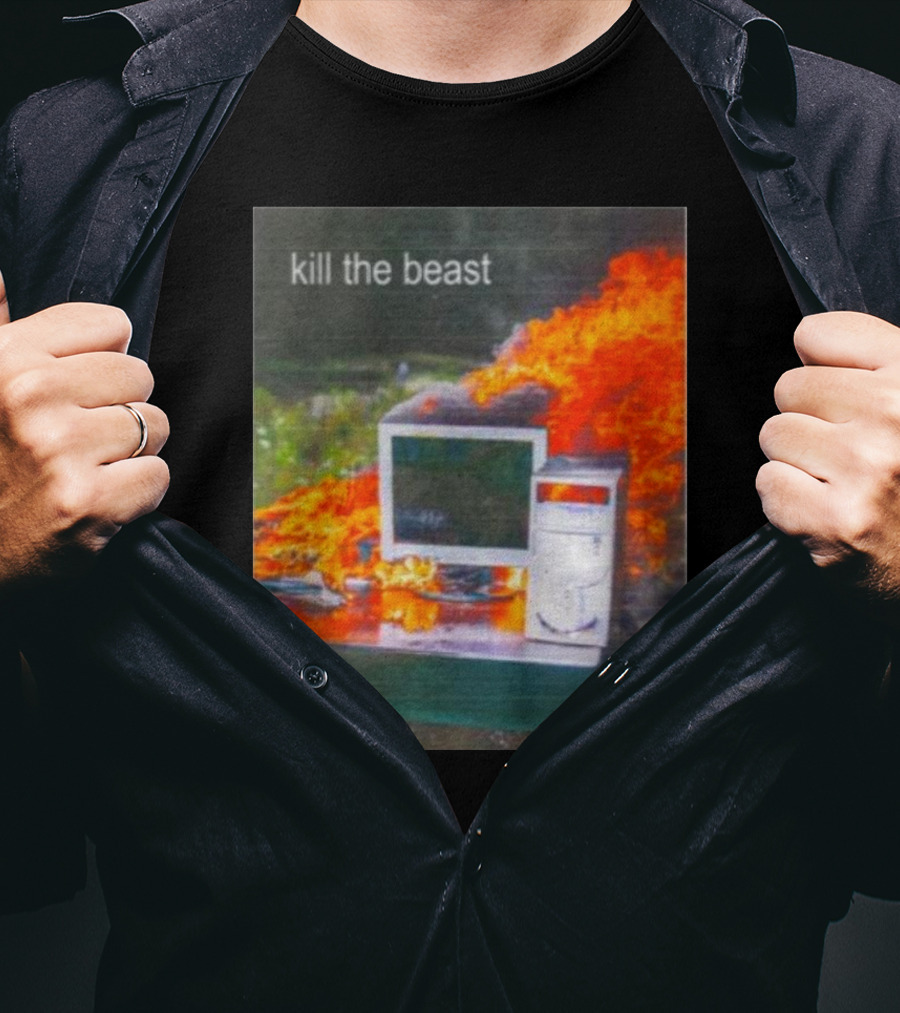 Kill The Beast Flaming Computer Dogecore Duel Monitors T-Shirt