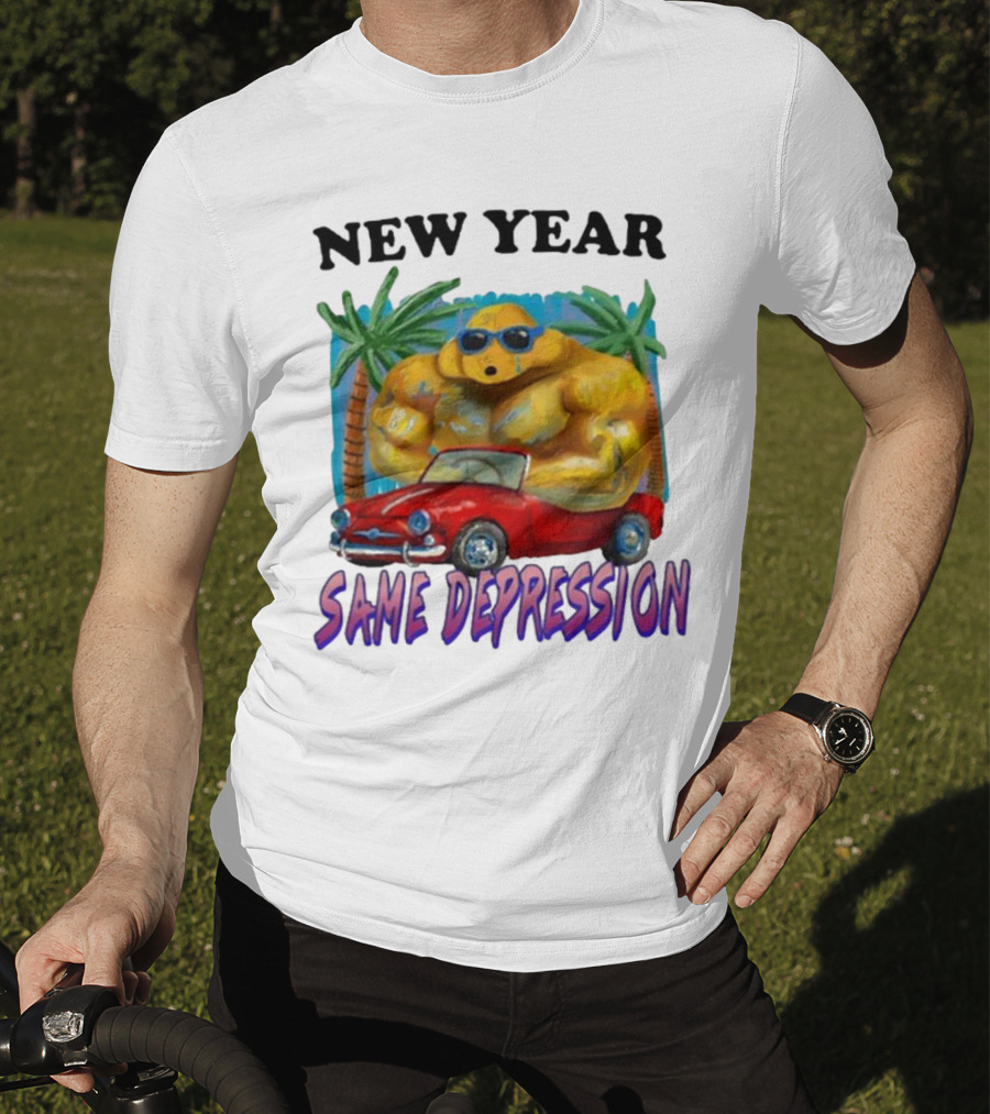 New Year Same Depression Buff Duck Red Convertible Palm Trees T-Shirt