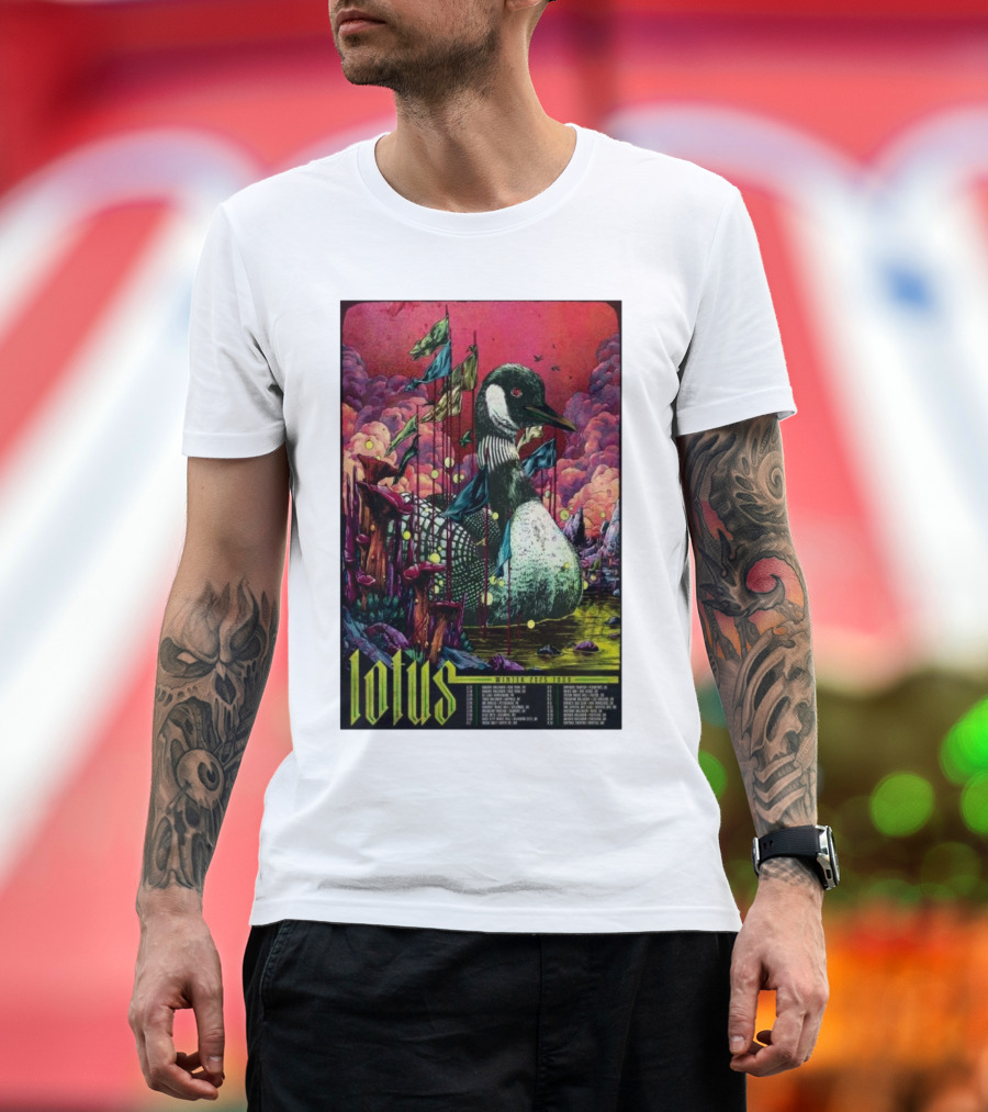 Lotus Tour Winter 2025 Surreal Nature Scene with Flags and Loon T-Shirt