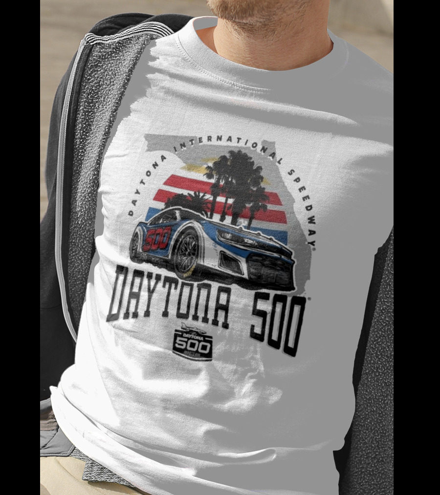 Daytona 500 Daytona International Speedway 2025 Racing Car Graphic With Palm Trees And Stripes T-Shirt