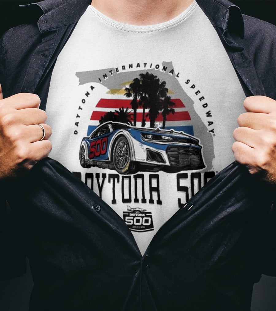 Daytona 500 Daytona International Speedway 2025 Racing Car Graphic With Palm Trees And Stripes T-Shirt