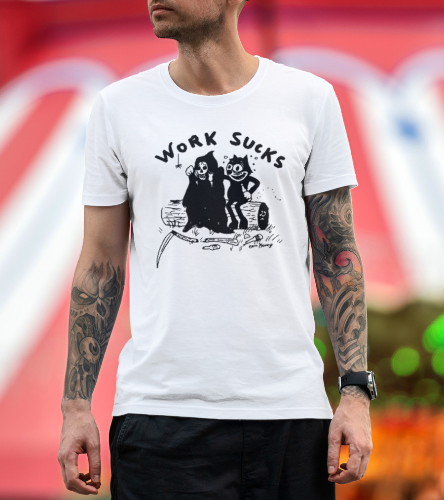 Heavyslime Work Sucks Grim Reaper and Cat Cartoon Comic Art by Eric Kenney T-Shirt