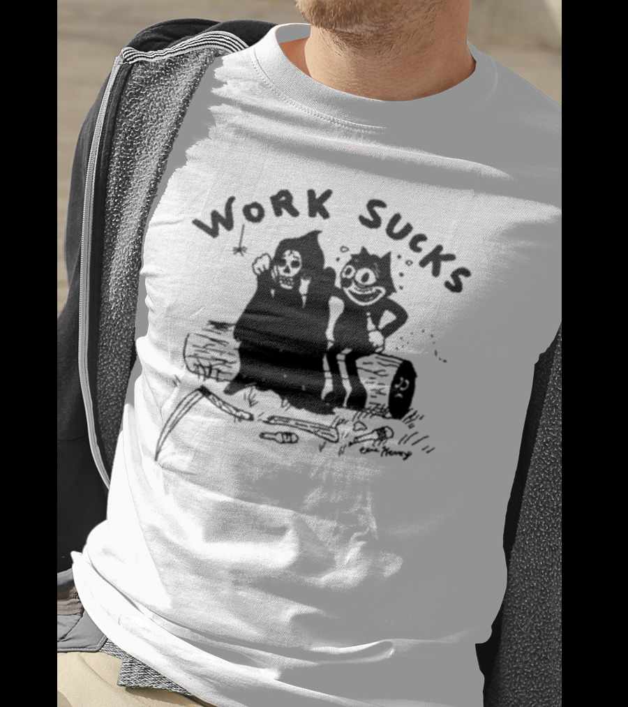 Heavyslime Work Sucks Grim Reaper And Cat Cartoon Comic Art By Eric Kenney T-Shirt