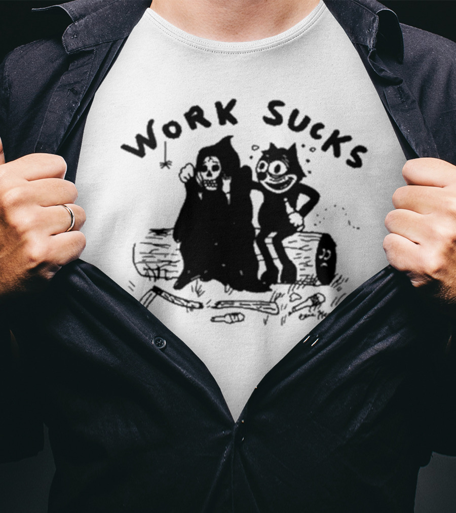 Heavyslime Work Sucks Grim Reaper And Cat Cartoon Comic Art By Eric Kenney T-Shirt